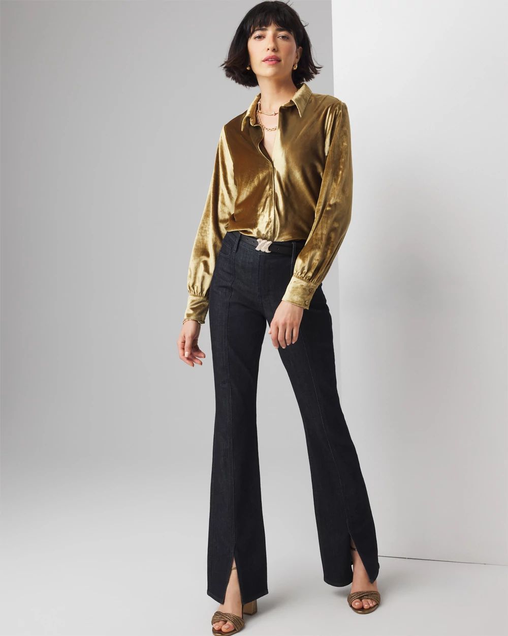 High-Rise Sculpt Skinny Flare Ankle-Slit Jeans | White House